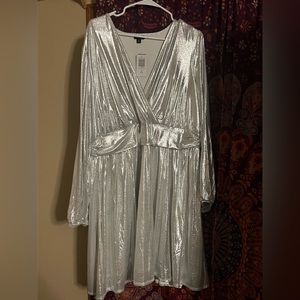 Silver, long sleeve, knee-length, metallic dress. Torrid size 2 (18-20)
